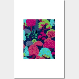 Magical forest, autumn print in fuchsia and electric light blue Posters and Art